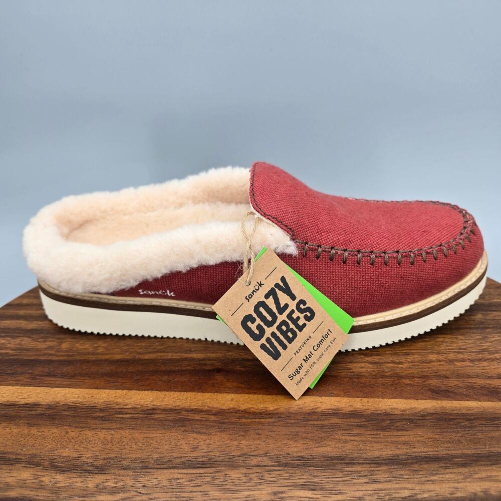 Sanuk Cozy Vibe Slippers Womens 10 Burnt Henna Red Slip On Wool Blend Lined